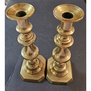 Pair Solid Brass Vintage Candlestick Holders 10 1/2 Inches Tall